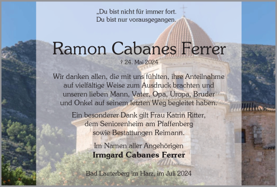 Traueranzeige von Ramon Cabanes Ferrer von Harz Kurier
