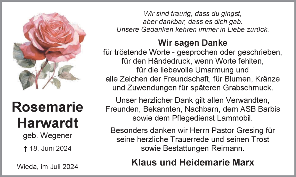  Traueranzeige für Rosemarie Harwardt vom 20.07.2024 aus Harz Kurier