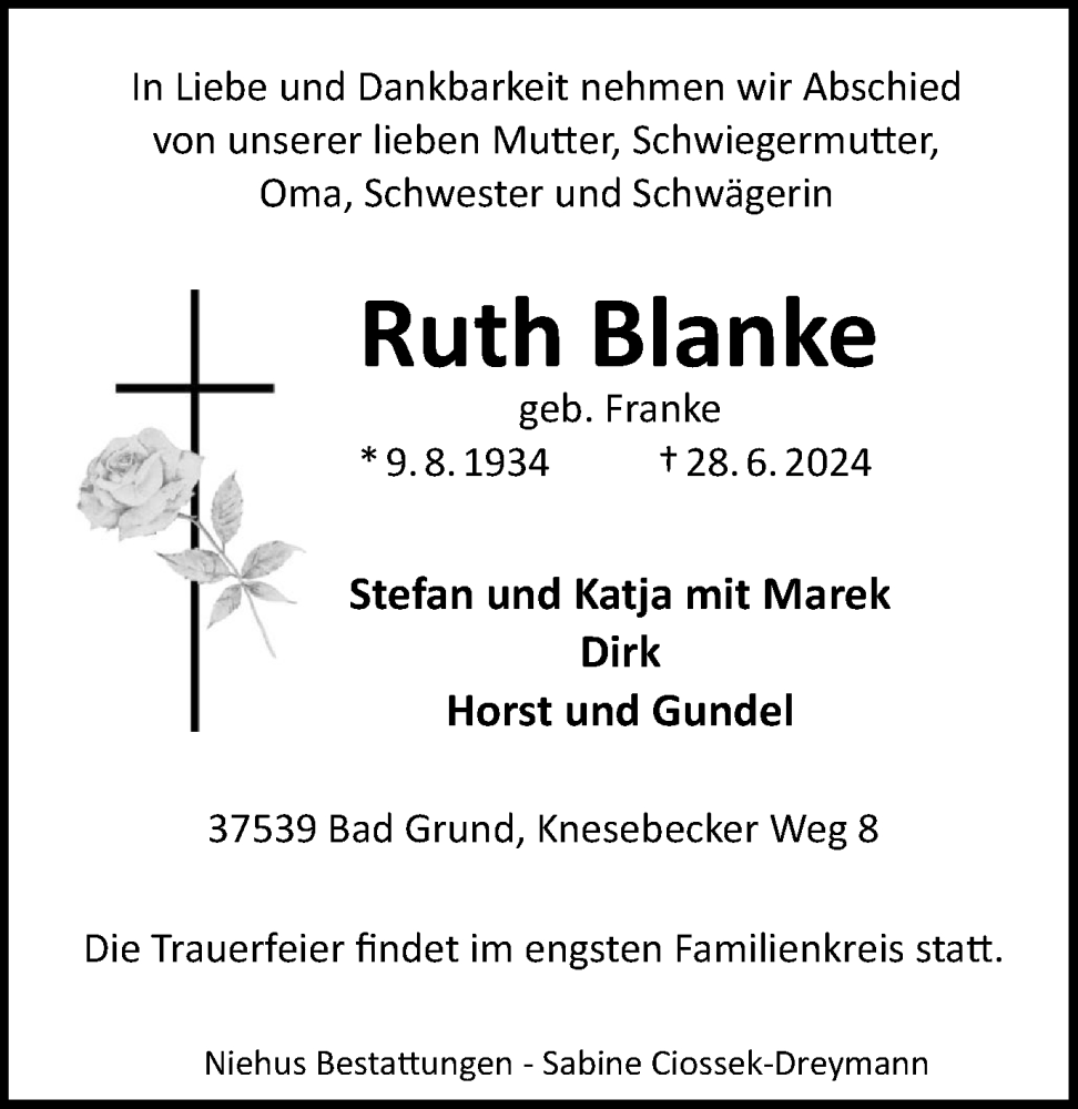 Traueranzeige für Ruth Blanke vom 06.07.2024 aus Harz Kurier