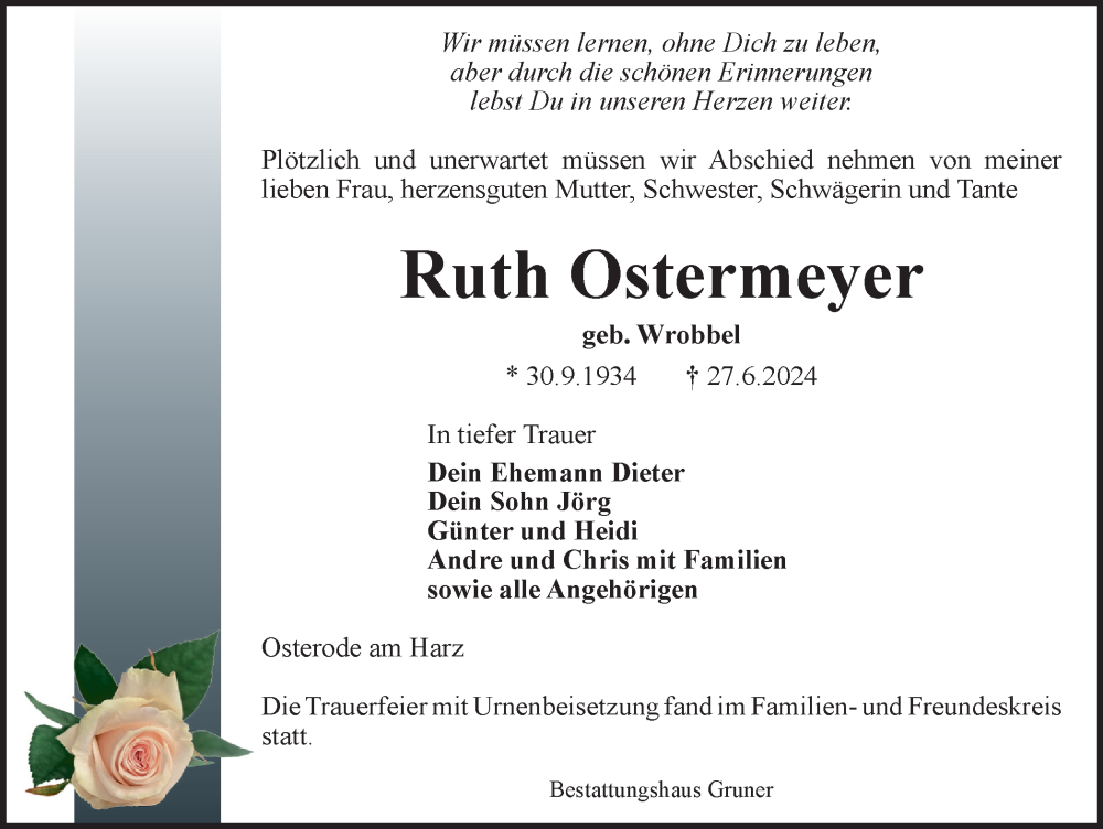 Traueranzeige für Ruth Ostermeyer vom 13.07.2024 aus Harz Kurier