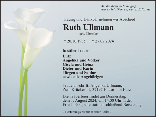 Traueranzeige von Ruth Ullmann von Harz Kurier