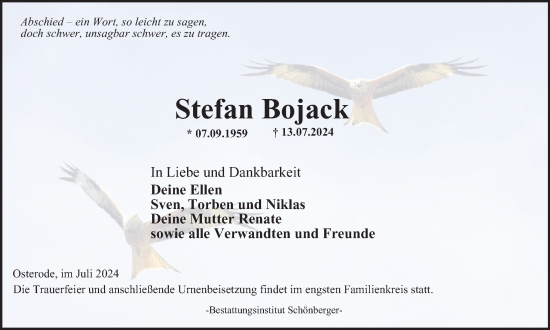 Traueranzeige von Stefan Bojack von Harz Kurier