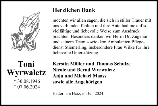 Traueranzeige von Toni Wyrwaletz von Harz Kurier