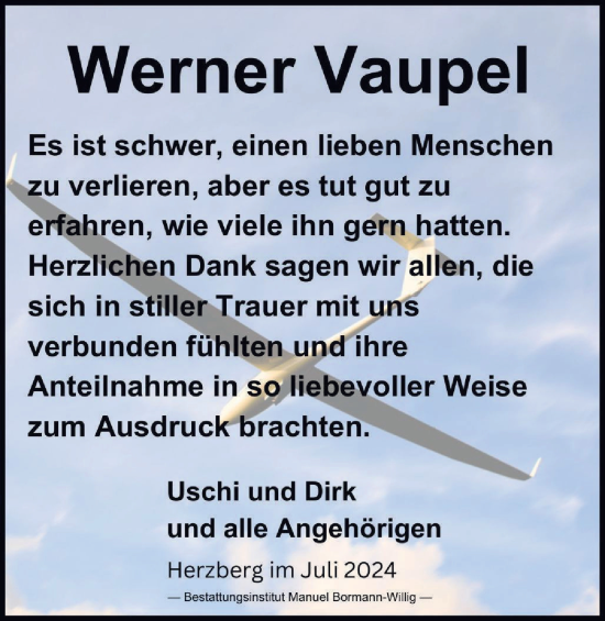 Traueranzeige von Werner Vaupel von Harz Kurier