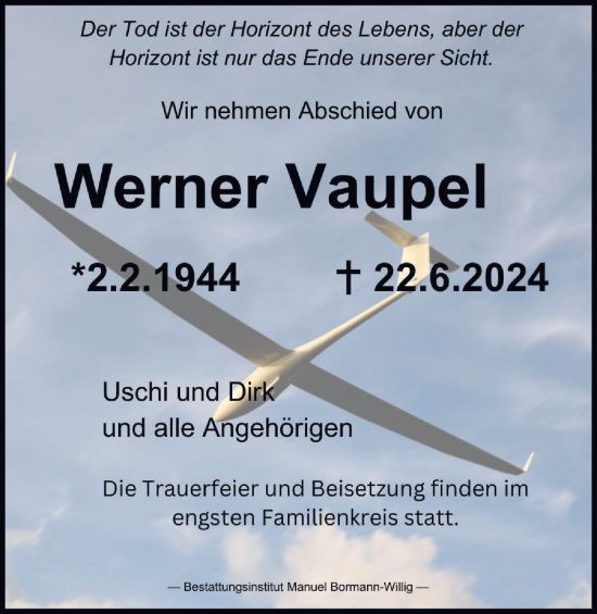 Traueranzeige von Werner Vaupel von Harz Kurier