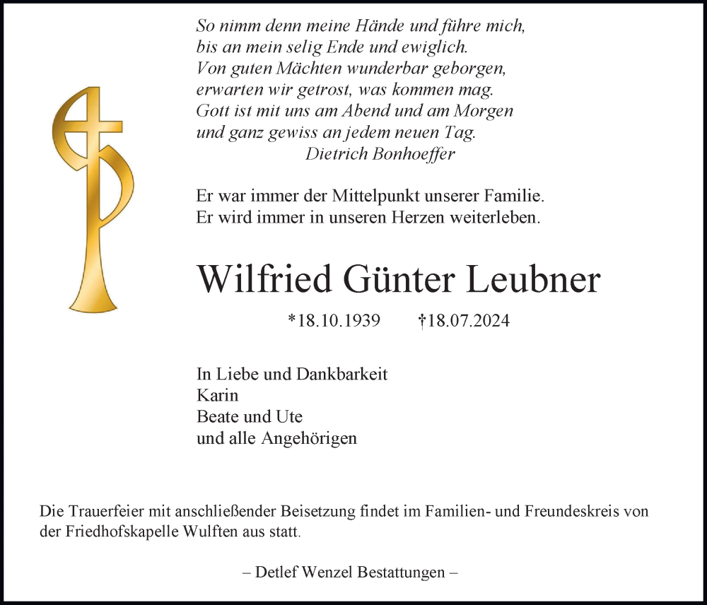  Traueranzeige für Wilfried Günter Leubner vom 20.07.2024 aus Harz Kurier