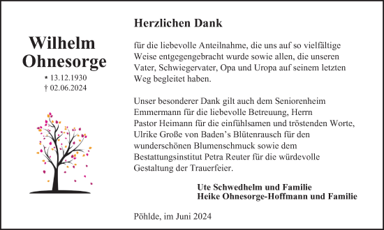 Traueranzeige von Wilhelm Ohnesorge von Harz Kurier