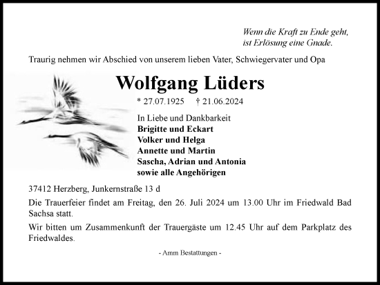 Traueranzeige von Wolfgang Lüders von Harz Kurier