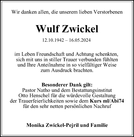 Traueranzeige von Wulf Zwickel von Harz Kurier