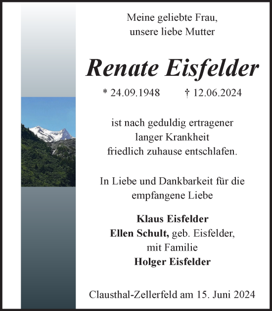 Traueranzeige von Renate Eisfelder von Harz Kurier