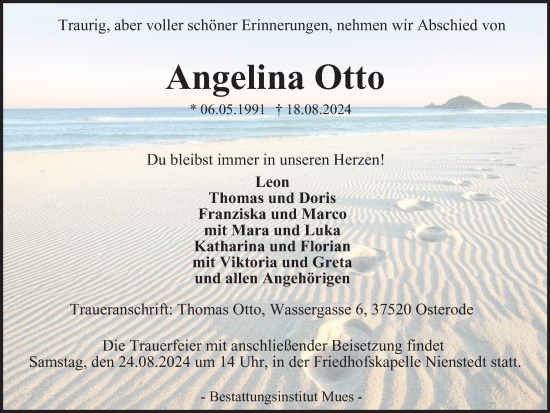 Traueranzeige von Angelina Otto von Harz Kurier