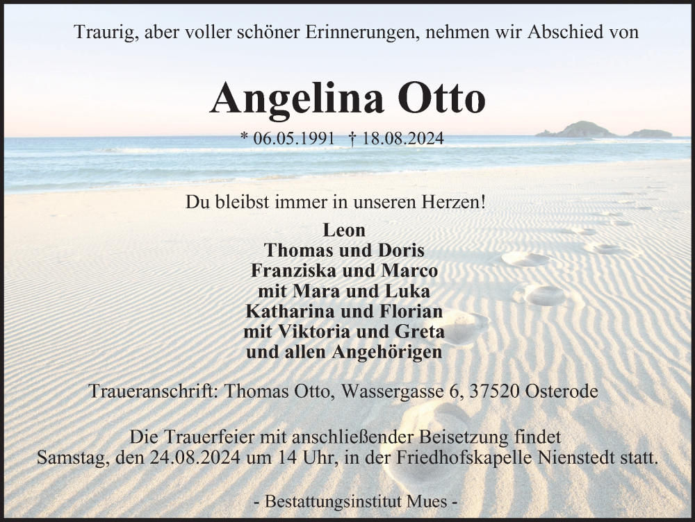  Traueranzeige für Angelina Otto vom 22.08.2024 aus Harz Kurier
