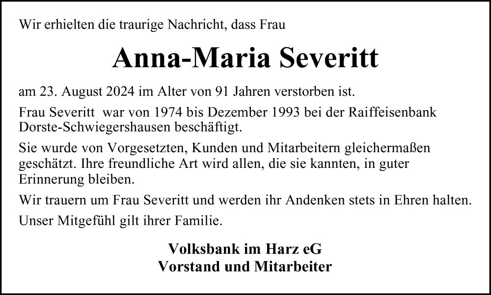  Traueranzeige für Anna-Maria Severitt vom 31.08.2024 aus Harz Kurier