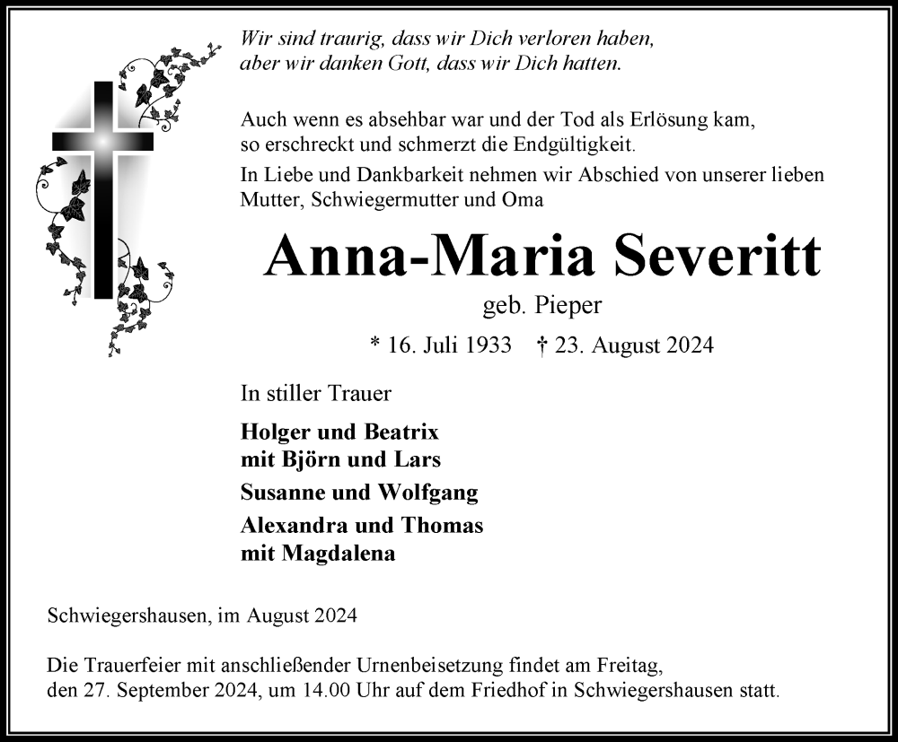  Traueranzeige für Anna-Maria Severitt vom 28.08.2024 aus Harz Kurier