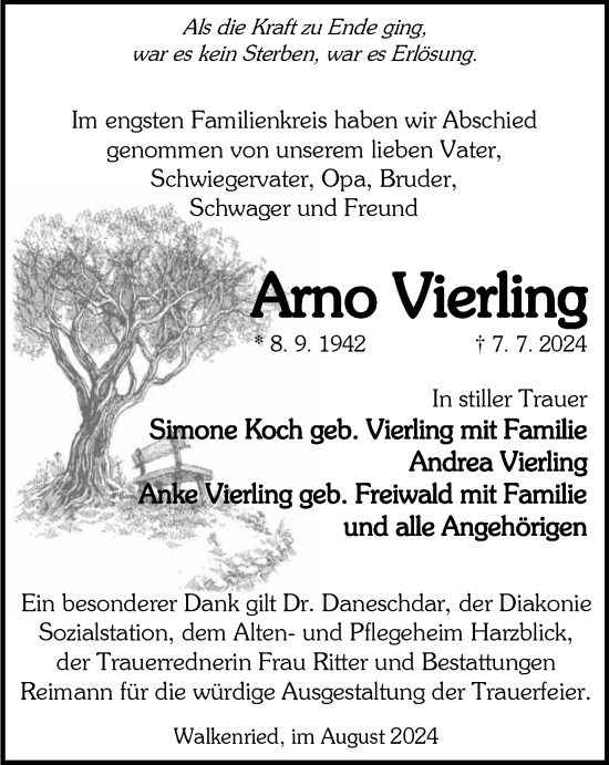 Traueranzeige von Arno Vierling von Harz Kurier