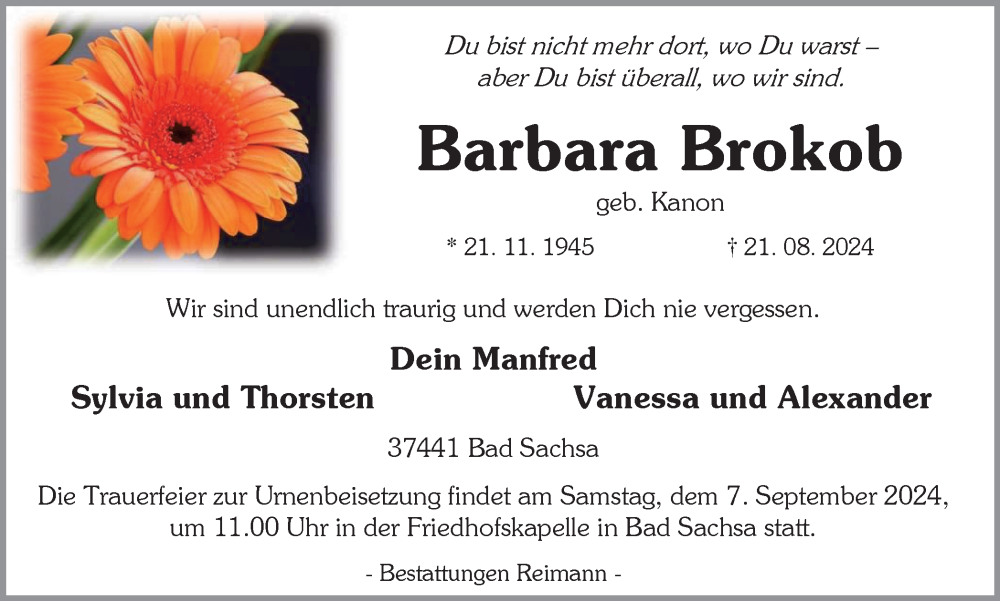  Traueranzeige für Barbara Brokob vom 31.08.2024 aus Harz Kurier