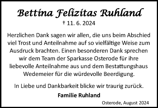 Traueranzeige von Bettina Felizitas Ruhland von Harz Kurier