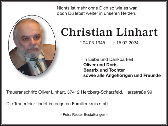 Traueranzeige von Christian Linhart von Harz Kurier