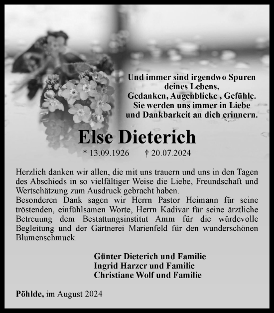 Traueranzeige von Else Dieterich von Harz Kurier