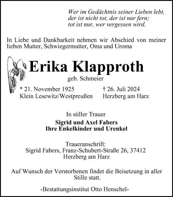 Traueranzeige von Erika Klapproth von Harz Kurier