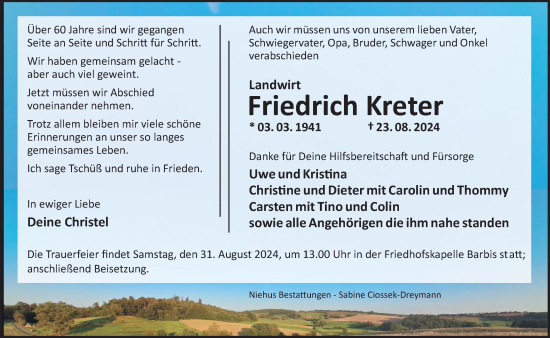 Traueranzeige von Friedrich Kreter von Harz Kurier