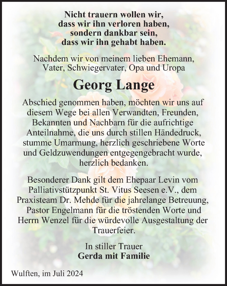  Traueranzeige für Georg Lange vom 03.08.2024 aus Harz Kurier