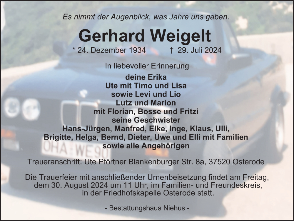  Traueranzeige für Gerhard Weigelt vom 10.08.2024 aus Harz Kurier