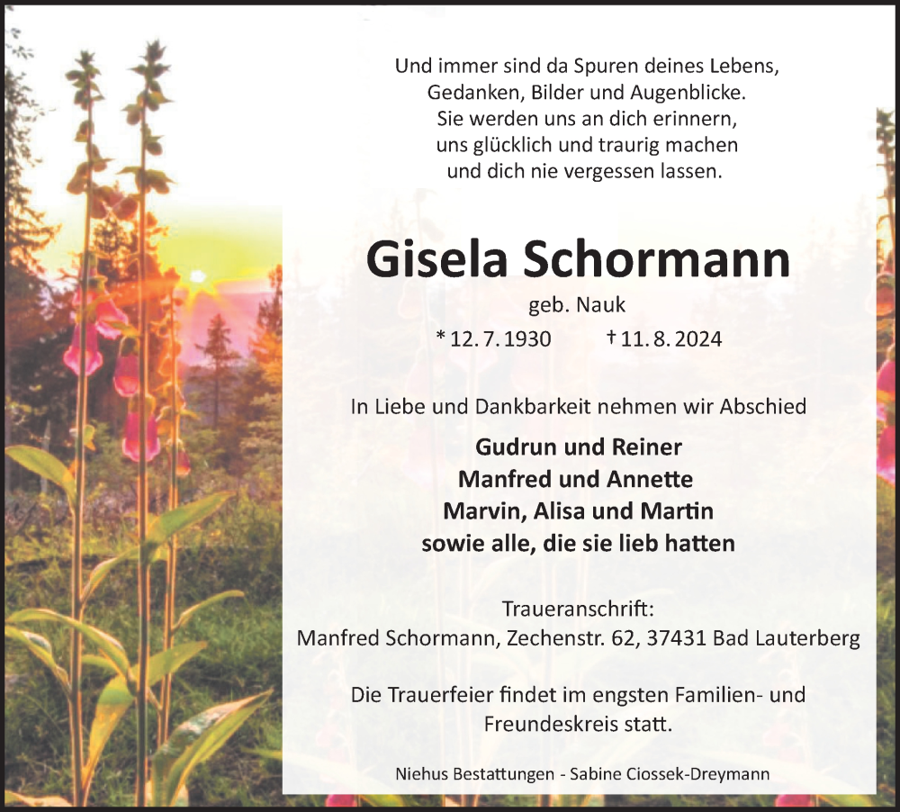  Traueranzeige für Gisela Schormann vom 17.08.2024 aus Harz Kurier