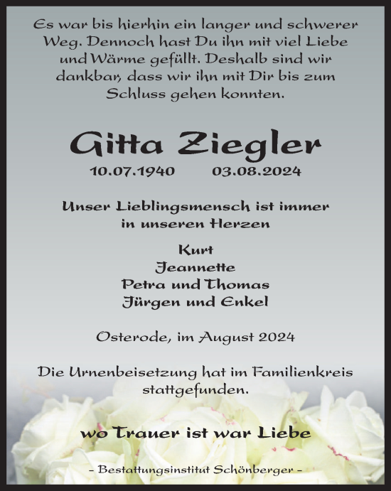 Traueranzeige von Gitta Ziegler von Harz Kurier