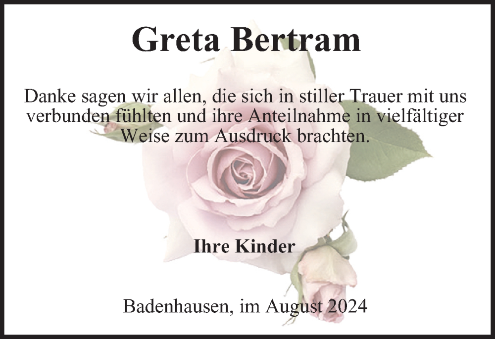  Traueranzeige für Greta Bertram vom 17.08.2024 aus Harz Kurier