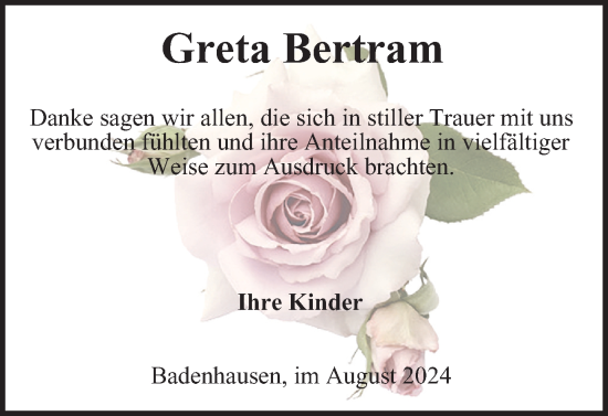 Traueranzeige von Greta Bertram von Harz Kurier