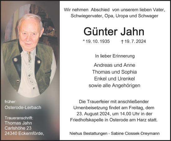 Traueranzeige von Günter Jahn von Harz Kurier