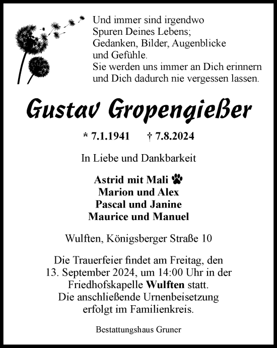 Traueranzeige von Gustav Gropengießer von Harz Kurier