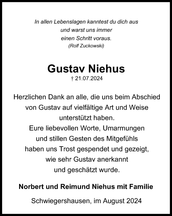 Traueranzeige von Gustav Niehus von Harz Kurier