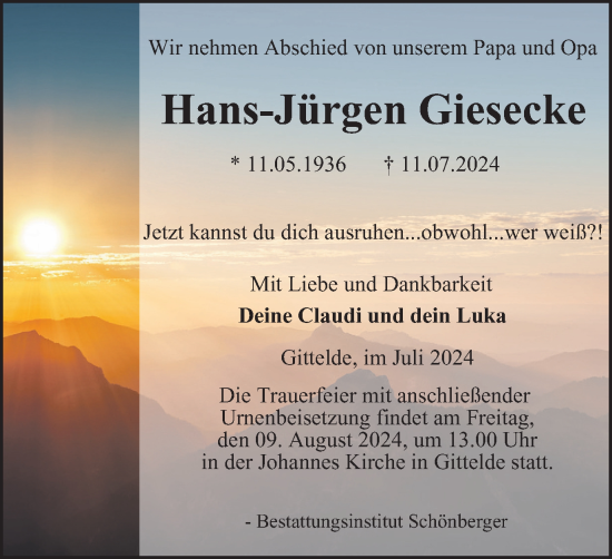Traueranzeige von Hans-Jürgen Giesecke von Harz Kurier