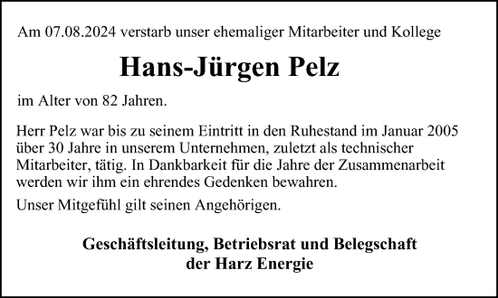 Traueranzeige von Hans-Jürgen Pelz von Harz Kurier