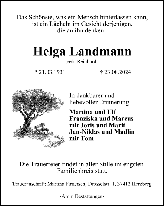 Traueranzeige von Helga Landmann von Harz Kurier