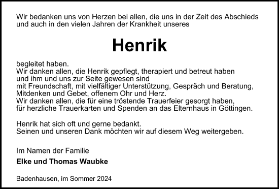 Traueranzeige von Henrik Waubke von Harz Kurier