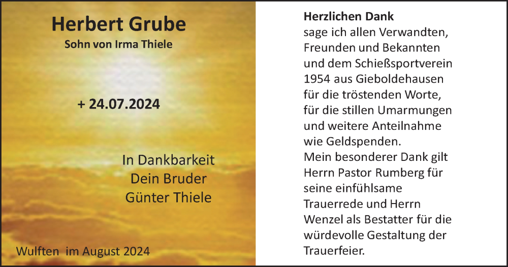  Traueranzeige für Herbert Grube vom 31.08.2024 aus Harz Kurier