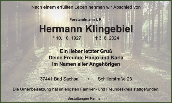 Traueranzeige von Hermann Klingebiel von Harz Kurier