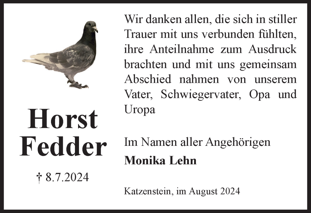  Traueranzeige für Horst Fedder vom 17.08.2024 aus Harz Kurier