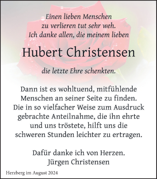 Traueranzeige von Hubert Christensen von Harz Kurier