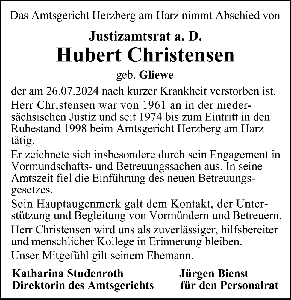  Traueranzeige für Hubert Christensen vom 03.08.2024 aus Harz Kurier