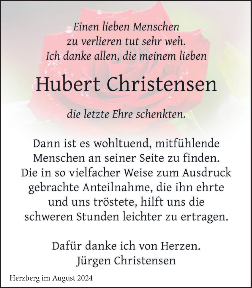  Traueranzeige für Hubert Christensen vom 24.08.2024 aus Harz Kurier