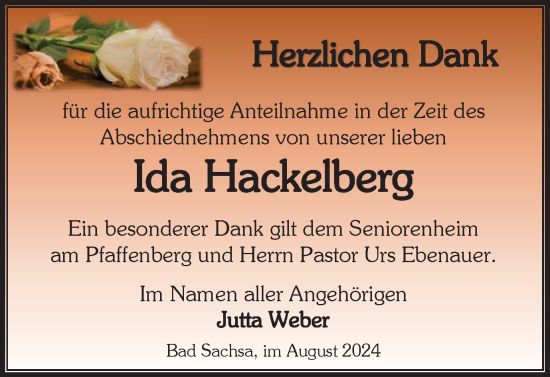 Traueranzeige von Ida Hackelberg von Harz Kurier