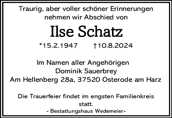 Traueranzeige von Ilse Schatz von Harz Kurier