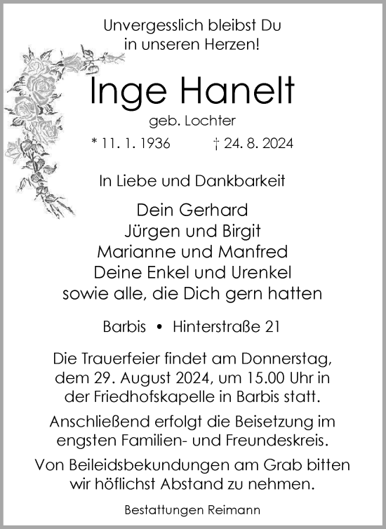 Traueranzeige von Inge Hanelt von Harz Kurier