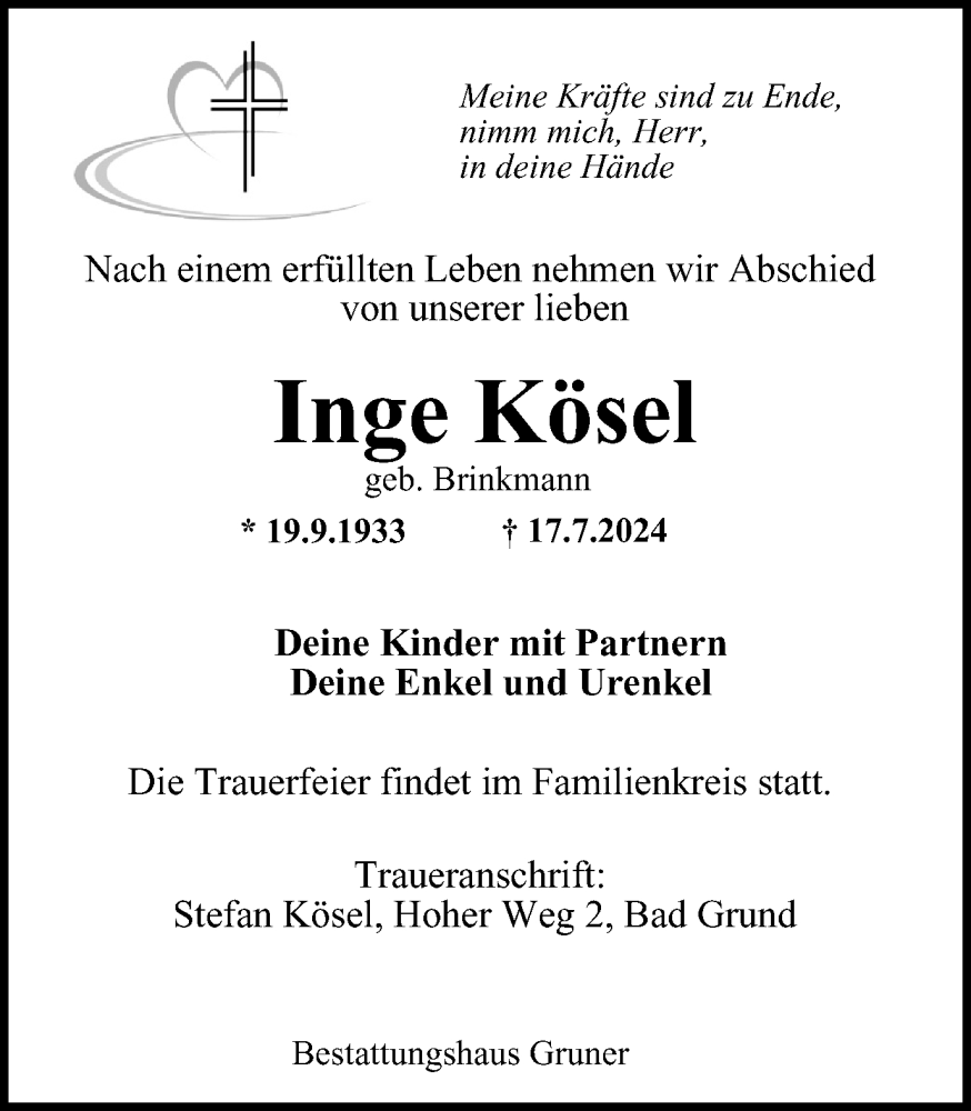  Traueranzeige für Inge Kösel vom 10.08.2024 aus Harz Kurier