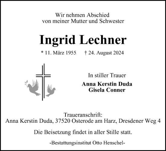 Traueranzeige von Ingrid Lechner von Harz Kurier
