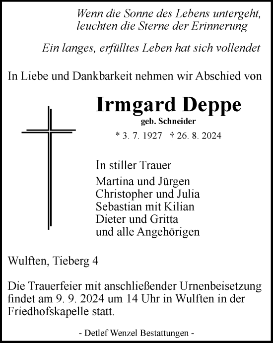 Traueranzeige von Irmgard Deppe von Harz Kurier